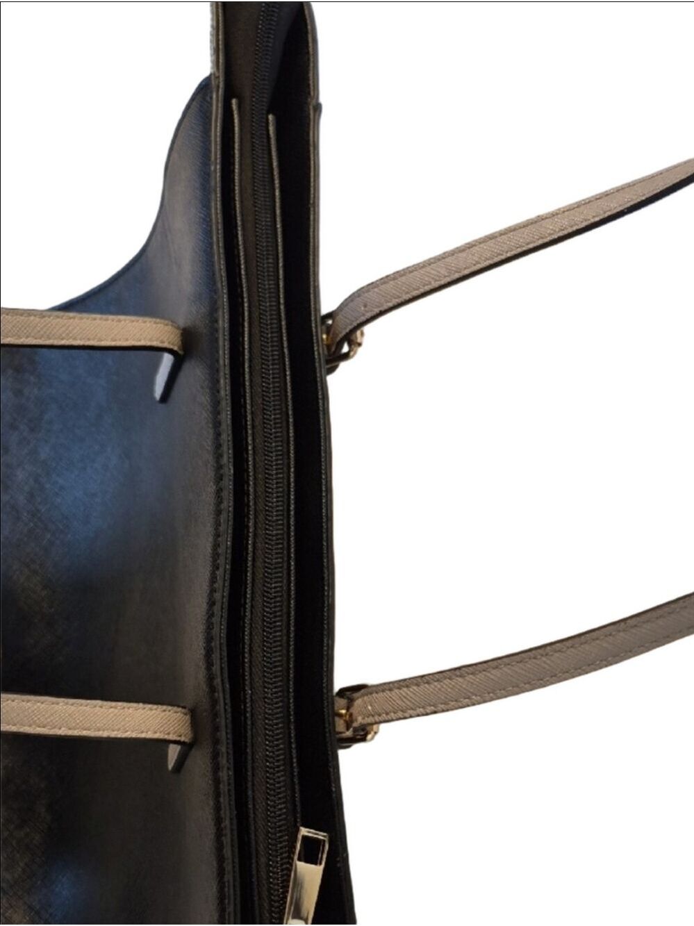Classic Black and White Tote with Taupe Handles - Picture 7 of 16